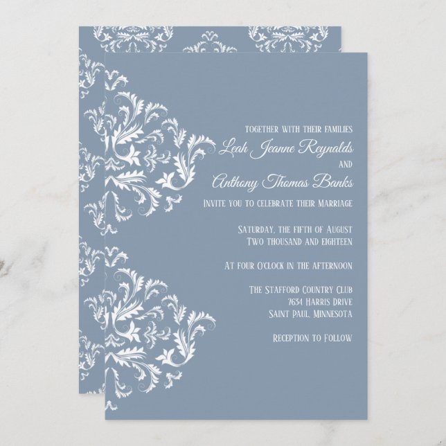 Dusty Blue Elegant Damask Invitation (Front/Back)
