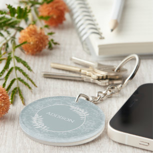 Dusty Blue Elegant Damask Personalised Keychain