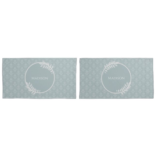 Dusty Blue Elegant Damask Personalised Pillowcase (Front-Set)