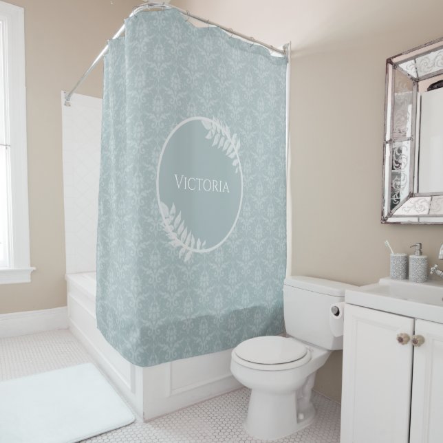 Dusty Blue Elegant Damask Personalised Shower Curtain (In Situ)