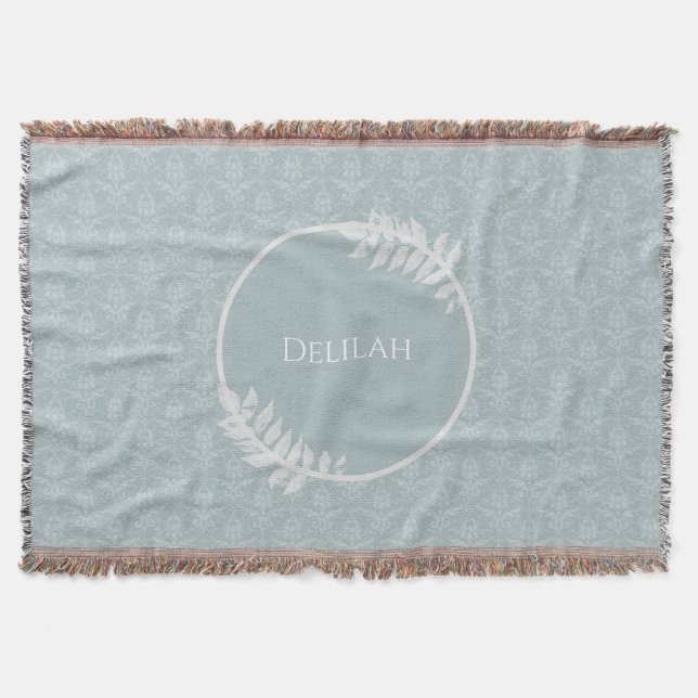 Dusty Blue Elegant Damask Personalised Throw Blanket (Front)
