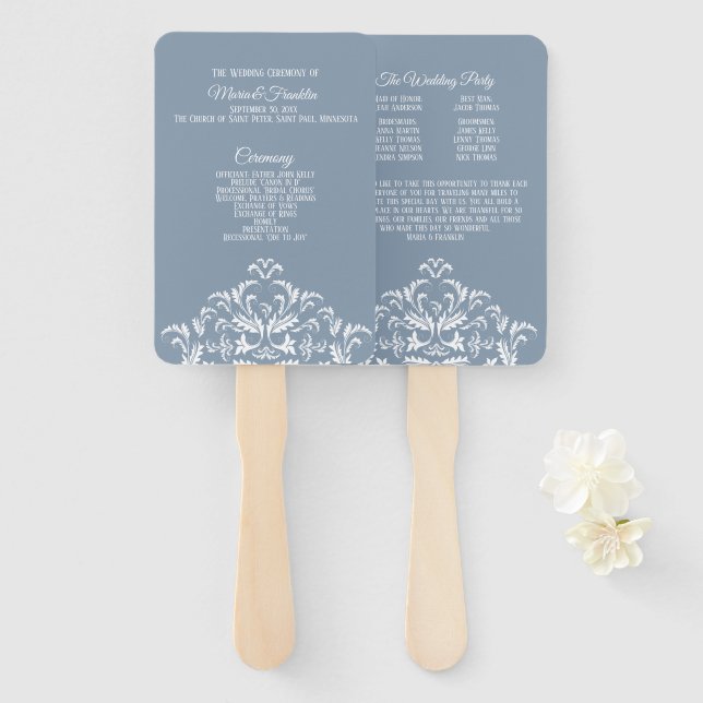 Dusty Blue Elegant Damask Wedding Program Fan (Front and Back)