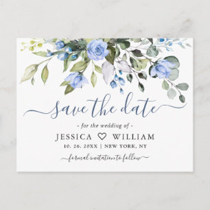 Dusty Blue Elegant Eucalyptus Rose Save the Date Postcard