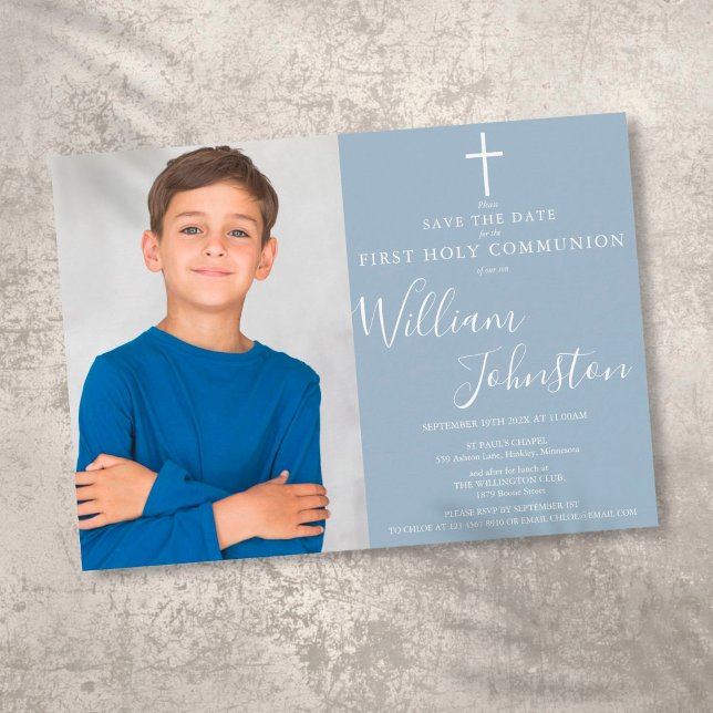 Dusty Blue Elegant First Holy Communion Photo Save The Date (Creator Uploaded)