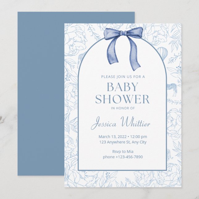 Dusty Blue Elegant Floral Baby Shower Invitation (Front/Back)