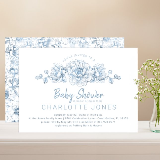 Dusty Blue Elegant Floral Baby Shower Invite (Dusty Blue Floral Baby Shower)