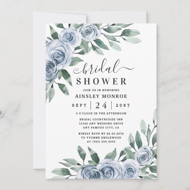 Dusty Blue Elegant Floral Boho Rose Bridal Shower Invitation (Front)