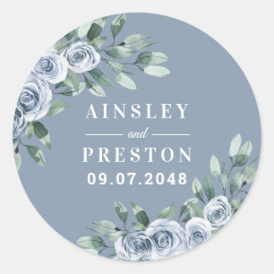 Dusty Blue Elegant Floral Boho Rose Rustic Wedding Classic Round Sticker
