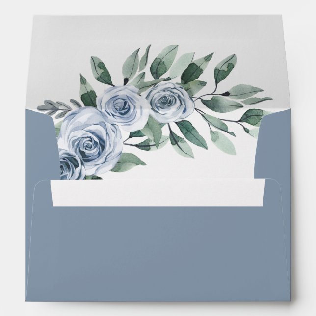Dusty Blue Elegant Floral Boho Rose Rustic Wedding Envelope (Back (Bottom))