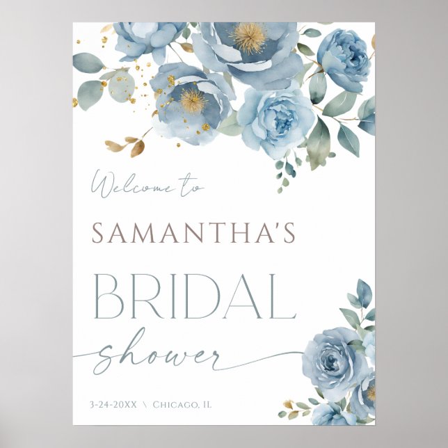 Dusty blue elegant floral bridal shower welcome poster (Front)