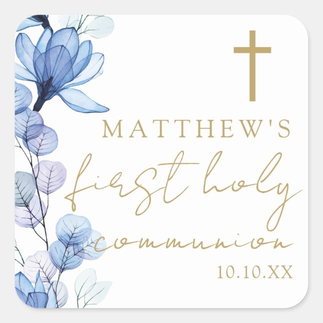 Dusty Blue Elegant Floral First Holy Communion Square Sticker (Front)