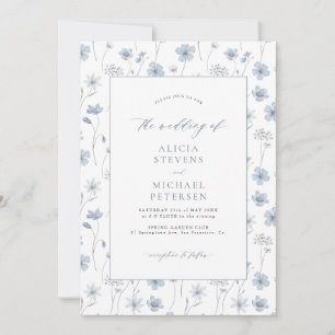 Dusty blue elegant floral garden wedding invitation