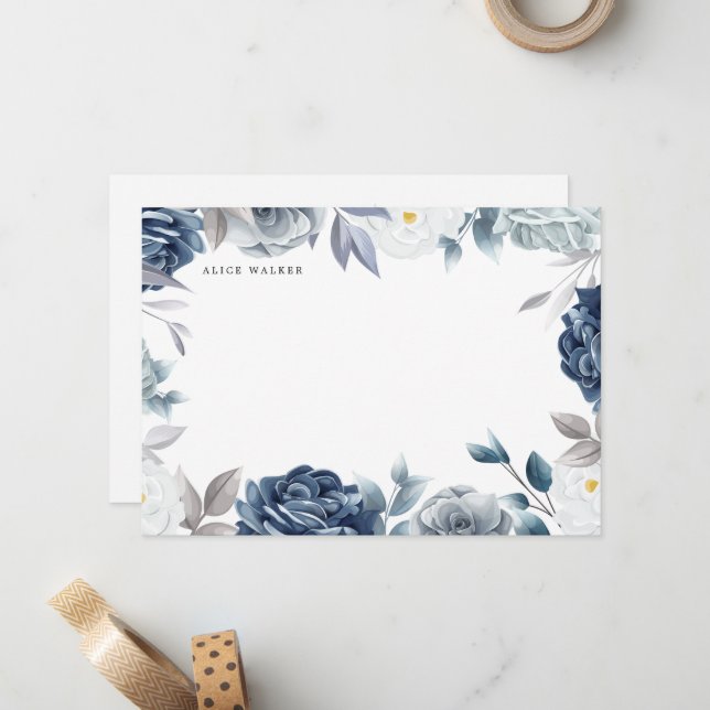Dusty Blue Elegant Floral Monogram Card (Front/Back In Situ)