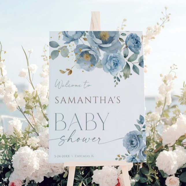 Dusty blue elegant floral rose baby shower welcome poster (Creator Uploaded)