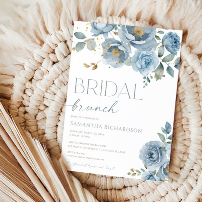 Dusty blue elegant floral roses bridal brunch invitation (Creator Uploaded)