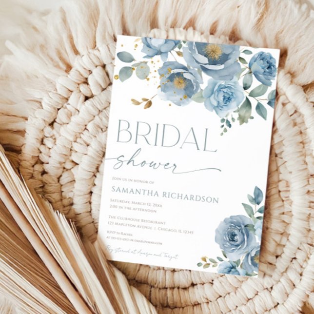 Dusty blue elegant floral roses bridal shower invitation (Creator Uploaded)