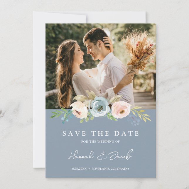 Dusty Blue Elegant Floral Rustic Photo Save The Date (Front)