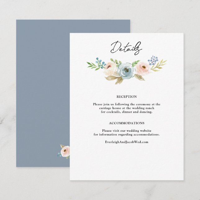Dusty Blue Elegant Floral Rustic Wedding Enclosure Card (Front/Back)