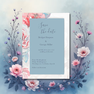 dusty blue elegant Floral watercolor rose wedding  Invitation