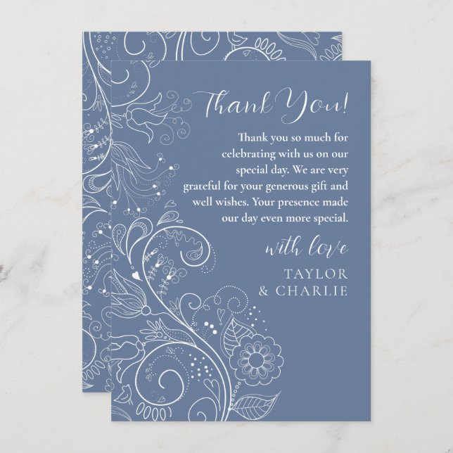 Dusty Blue Elegant Floral Wedding Thank You Card (Front/Back)