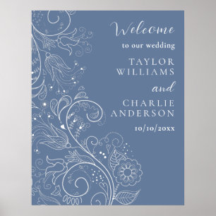 Dusty Blue Elegant Floral Wedding Welcome Poster