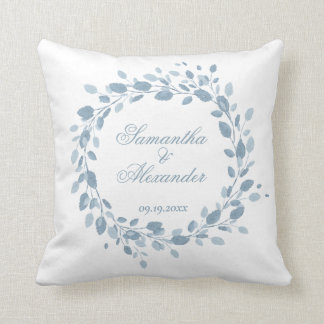 Dusty Blue Elegant Floral Wreath Wedding Script Cushion