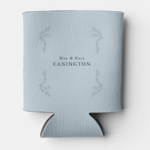 Dusty Blue Elegant Foliage Wedding Custom Name Can Cooler