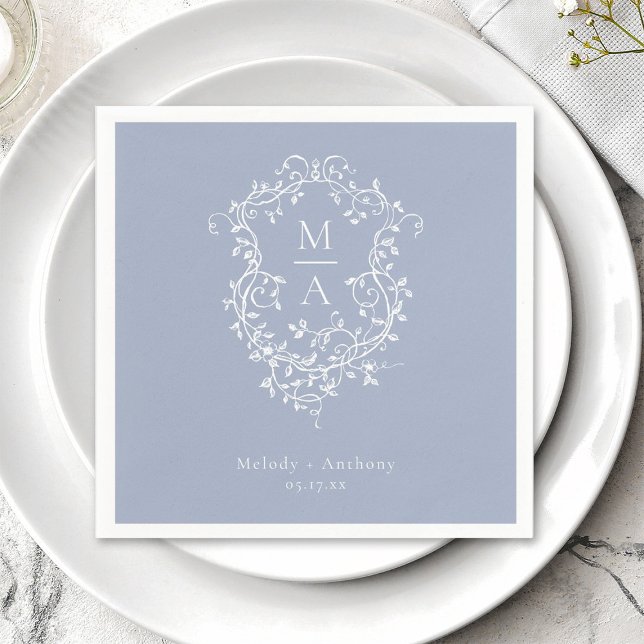 Dusty Blue Elegant French Floral Crest Wedding Napkin (Creator Uploaded)