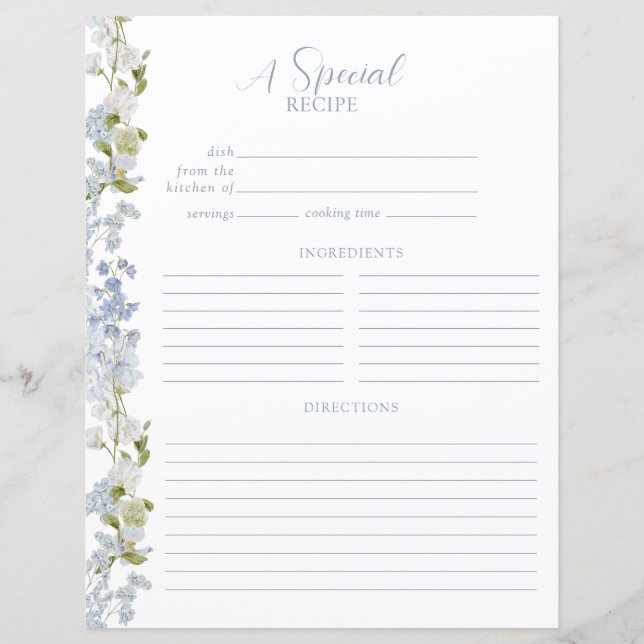 Dusty Blue Elegant Garden Shower Recipe Page (Front)