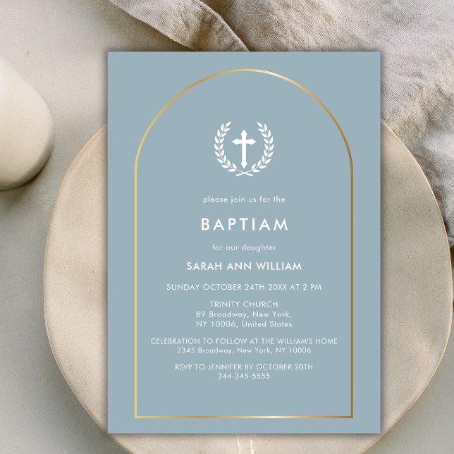 Dusty Blue Elegant Gold Arch Wreath Cross Baptism Invitation (Dusty Blue Elegant Gold Arch Wreath Cross Baptism Invitation)