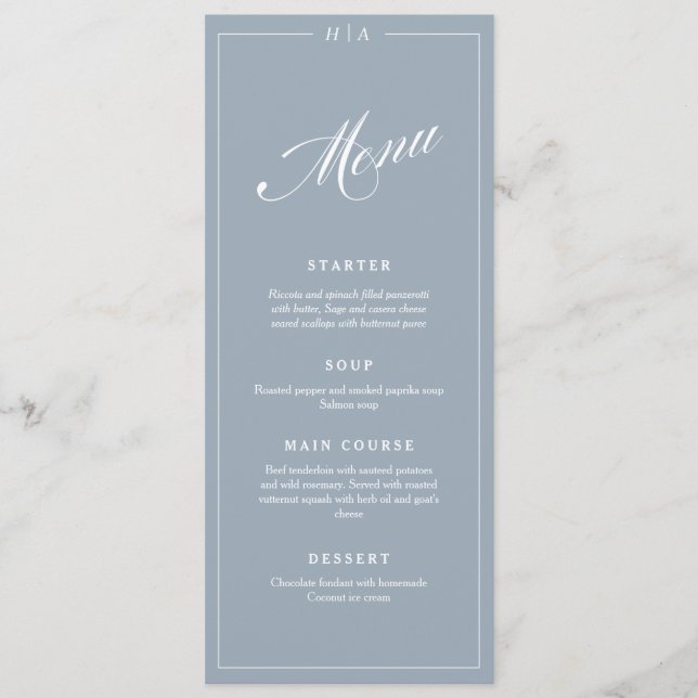 Dusty Blue Elegant Handwriting Wedding Dinner  Menu (Front)