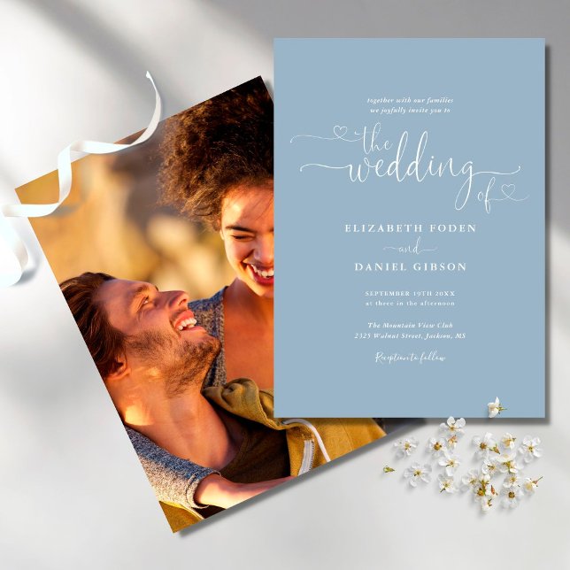 Dusty Blue Elegant Hearts Script Photo Wedding Invitation (Creator Uploaded)