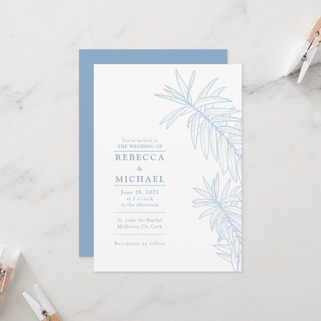 Dusty Blue Elegant Minimalist Botanical  Invitation (Front/Back In Situ)