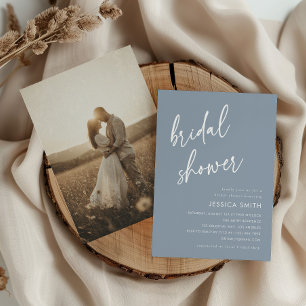 Dusty Blue Elegant Minimalist Bridal Shower Photo Invitation