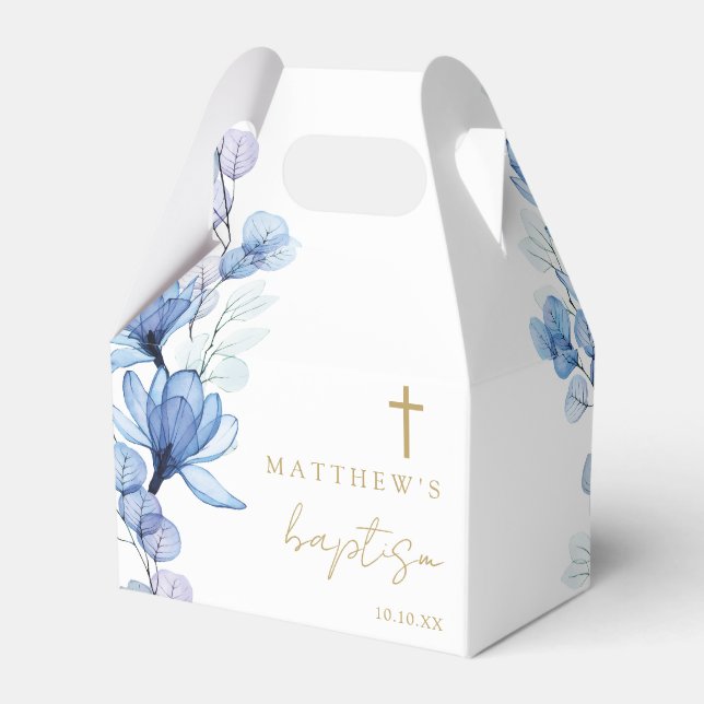 Dusty Blue Elegant Modern Floral Baptism Favour Box (Front Side)