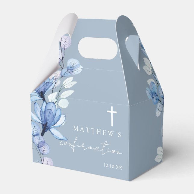 Dusty Blue Elegant Modern Floral Confirmation Favour Box (Front Side)
