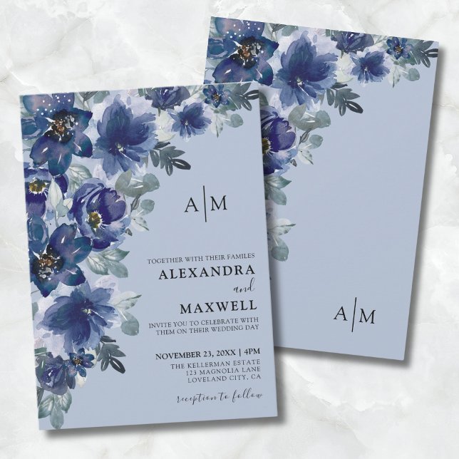 Dusty Blue Elegant Modern Floral Wedding Invitation (Dusty Blue Elegant Modern Floral Wedding Invitation)