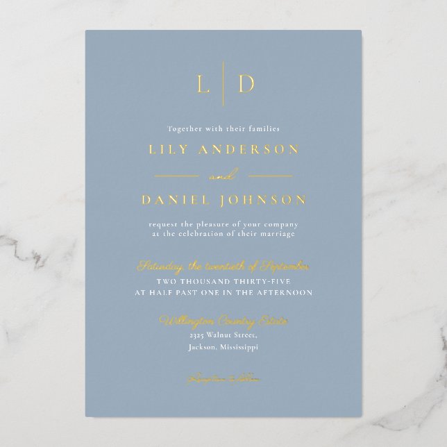Dusty Blue Elegant Monogram Luxury Wedding Gold (Front)