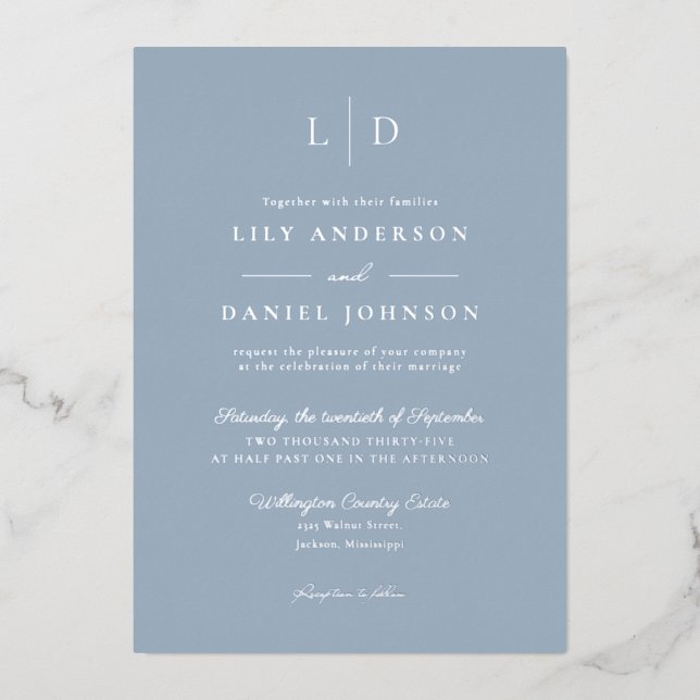 Dusty Blue Elegant Monogram QR Code Wedding (Front)