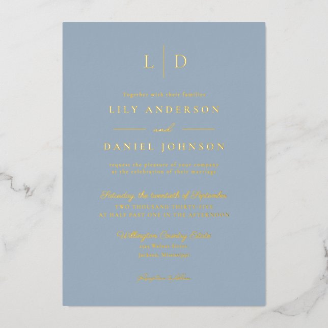 Dusty Blue Elegant Monogram QR Code Wedding Gold (Front)