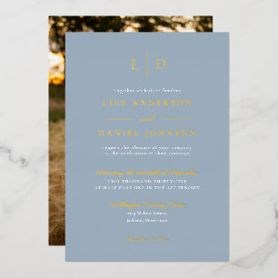 Dusty Blue Elegant Monogram Wedding Photo Gold