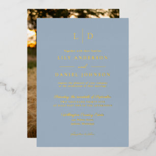 Dusty Blue Elegant Monogram Wedding Photo Gold