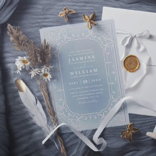 Dusty blue elegant ornate vintage modern wedding invitation