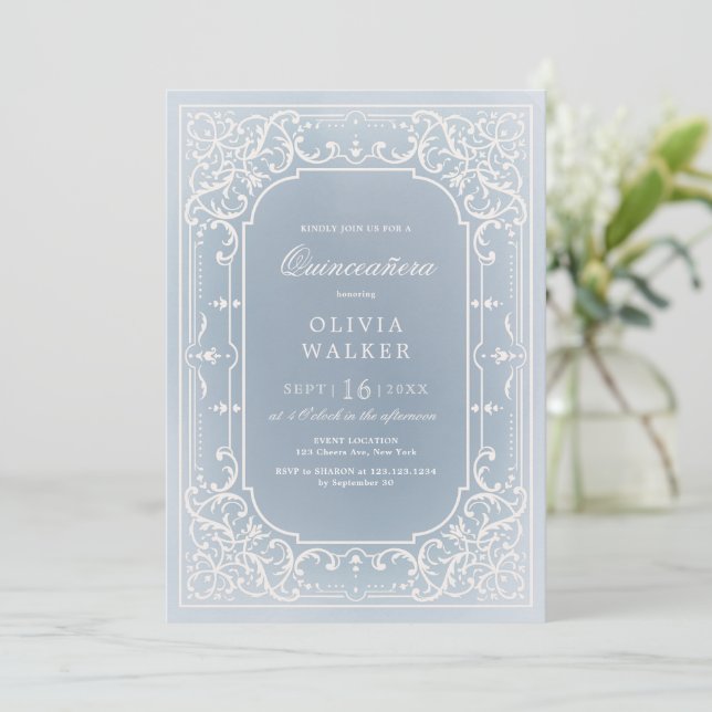 Dusty blue elegant ornate vintage quinceañera invitation (Standing Front)