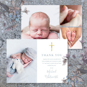 Dusty Blue Elegant Photo Collage Script Baptism Thank You Card