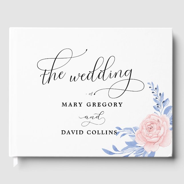 Dusty Blue Elegant Pink Floral Rustic Wedding Guest Book (Front)