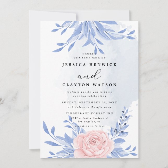 Dusty Blue Elegant Pink Floral Rustic Wedding Invitation (Front)