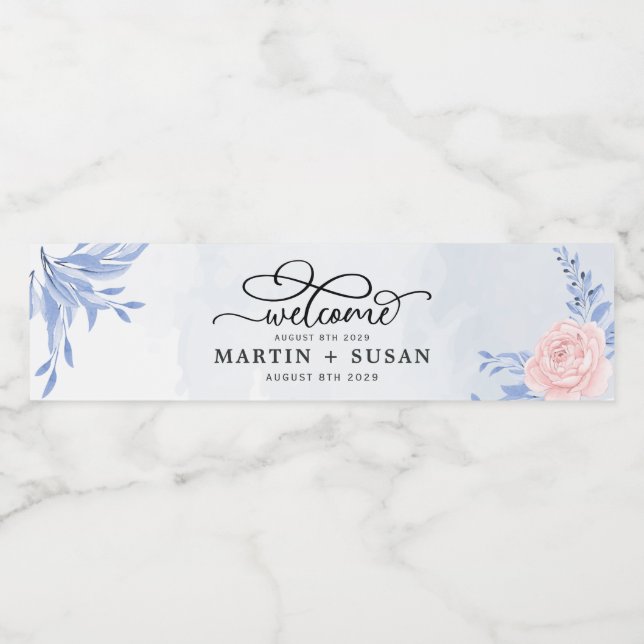 Dusty Blue Elegant Pink Floral Rustic Wedding Water Bottle Label (Single Label)