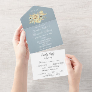 Dusty Blue Elegant Rustic Floral Unique All In One Invitation