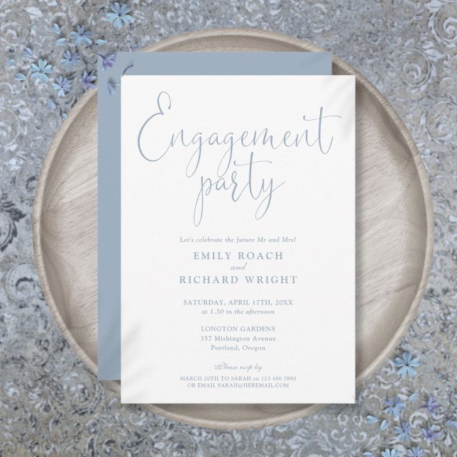 Dusty Blue Elegant Script Engagement Party Invitation (Dusty Blue Elegant Script Engagement Party Invitation)